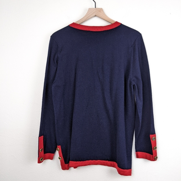 Vintage Jaeger Navy Blue W/ Red Trim Wool Sweater - Picture 6 of 11